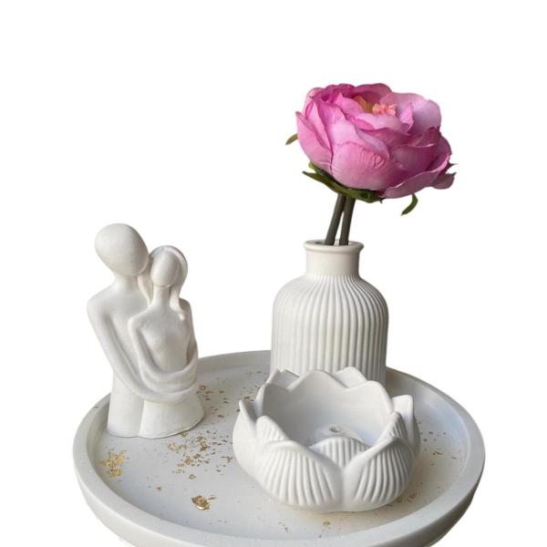 El Yapımı Dekoratif, Yuvarlak Tabaklı, Romantik Çift, Minimal Vazo ve Lotus Mumluk 4'lü Set
