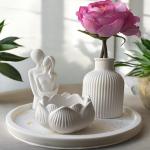 El Yapımı Dekoratif, Yuvarlak Tabaklı, Romantik Çift, Minimal Vazo ve Lotus Mumluk 4'lü Set